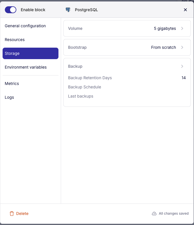 Configuration du stockage et des backups PostgreSQL