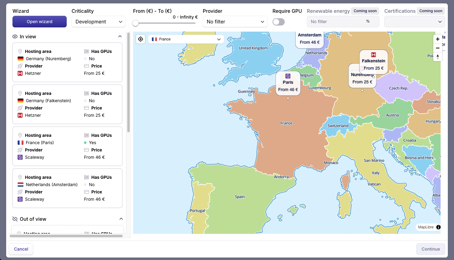 Carte interactive des providers et régions